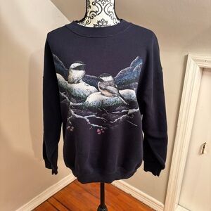 Vintage chickadee bird Crewneck Sweatshirt size Large Winter Nature USA 90s